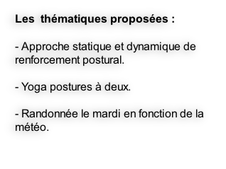 Les  thématiques proposées :

- Approche statique et dynamique de renforcement postural.

- Yoga postures à deux.

- Randonnée le mardi en fonction de la météo.